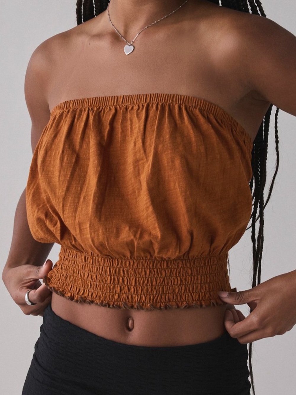Ruched Bubble Cropped Tube Top in Rust